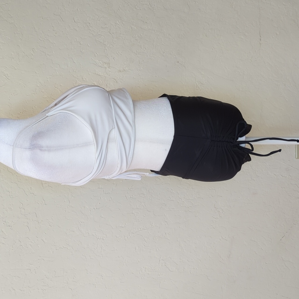 White Criss-Cross Halter Top and Black Adjustable Boy Shorts Bottom Bikini Set - Picture 4 of 9